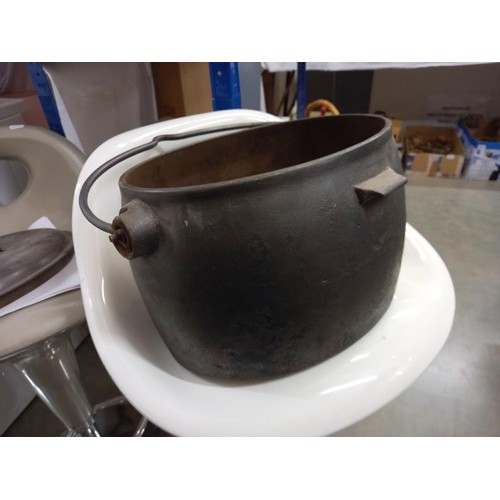 596 - A lidded cast iron cauldron & ceramic barrel etc.