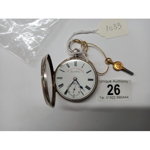 26 - A silver Fusee pocket watch, London 1875, with key, white dial, in working order.