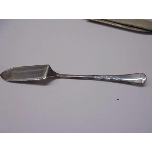 123 - A silver pen knife, a silver jam spoon and a silver handled button hook.