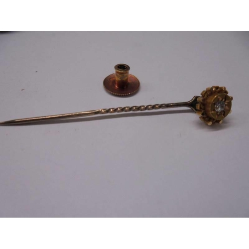 140 - A 19th century 15ct gold and diamond stick pin with converter to collar stud.