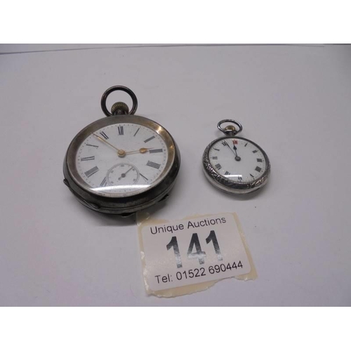 141 - A silver pocket watch and a silver fob watch.