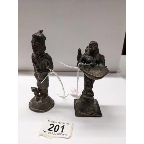 201 - Two oriental bronze figures, 10cm and 12cm.