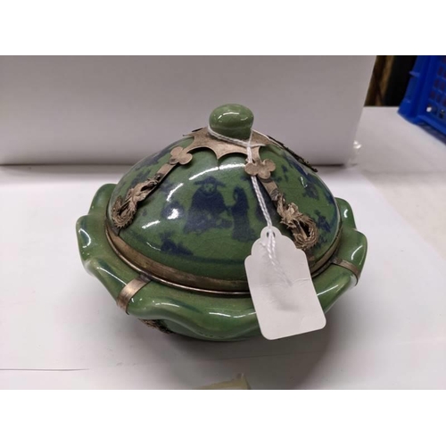 202 - A Chinese lidded teabowl with metal fittings and another Chinese tea bowl.