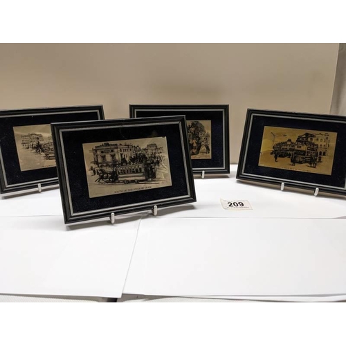 209 - Four framed engravings on silver featuring old forms of transport.