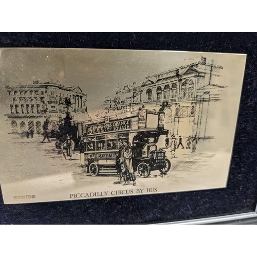 209 - Four framed engravings on silver featuring old forms of transport.