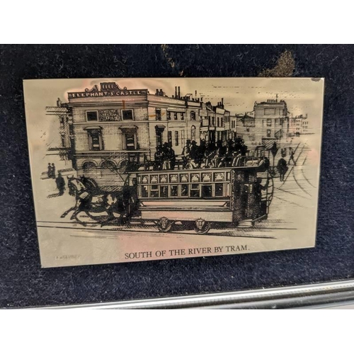 209 - Four framed engravings on silver featuring old forms of transport.