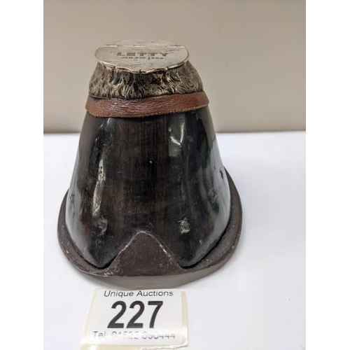 227 - 1920'S taxidermy horse hoof inkwell with silver plated fittings engraver 'LETTY' Jan 4th 1922.