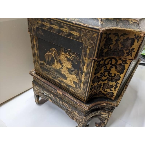 249 - An early Japanese lacquered box on stand, a/f (has had some restoration but needs more).