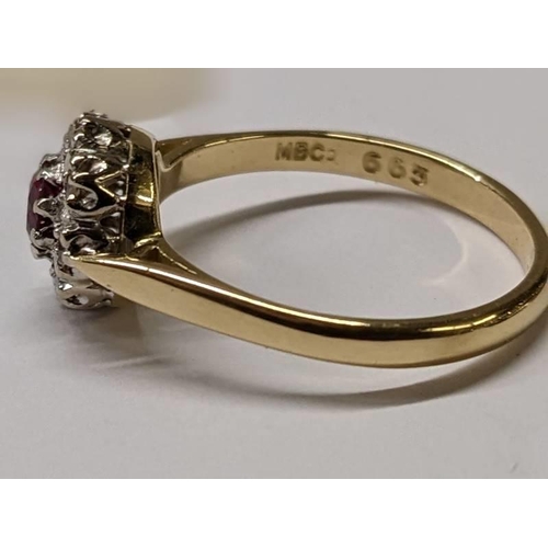 83 - A ruby and diamond cluster ring, hall marked for London 1965, 18ct gold, size M, 3.1 grams.