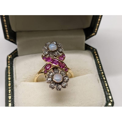 95 - A lovely Edwardian rose cut diamond, pink sapphire and opal ring set in 18ct gold. size M, 6.1 grams... 