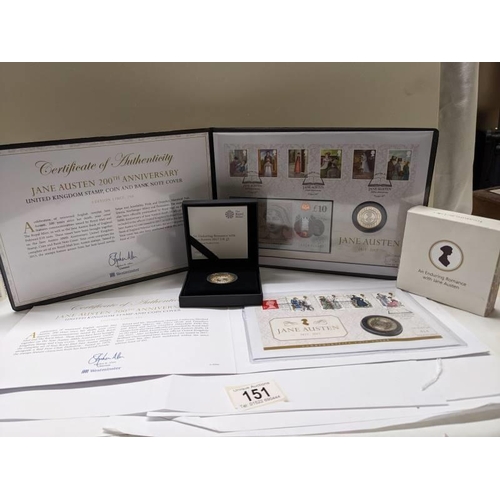 151 - A Jane Austen 200th limited edition UK stamp, coin and bank note cover, a limited edition stamp and ... 