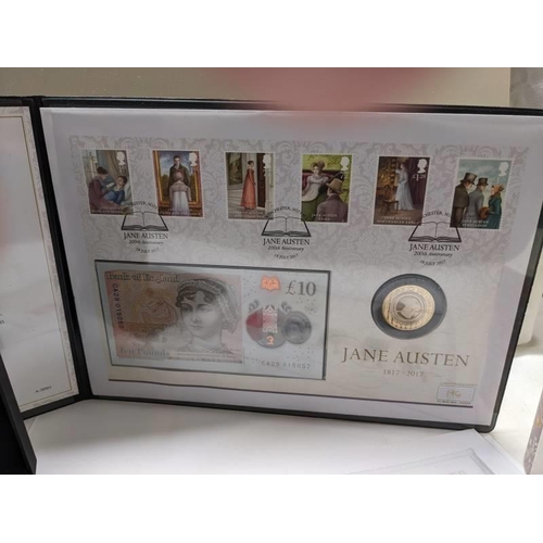 151 - A Jane Austen 200th limited edition UK stamp, coin and bank note cover, a limited edition stamp and ... 