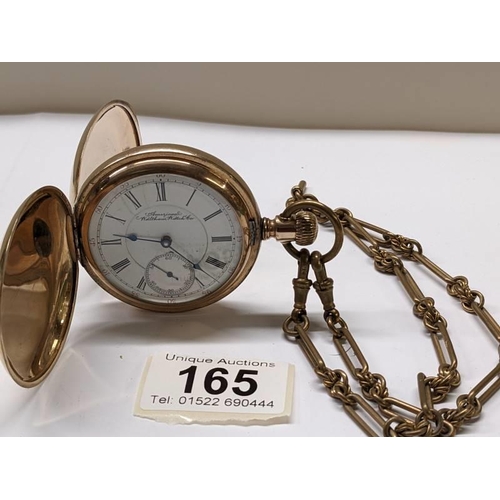 165 - A gold plated full hunter pocket watch on brass chain by American Waltham Watch Co.,