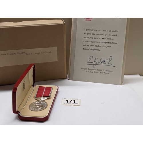 171 - A cased 'Meritorious' service medal of E4152380 Flt Sgt Frank G Shedden, B E M Royal Air Force.