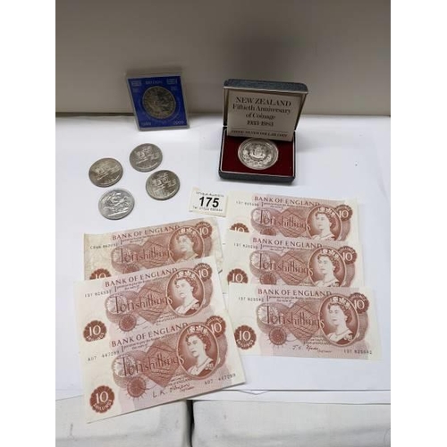 175 - Six ten shilling notes, £5 coins etc.,