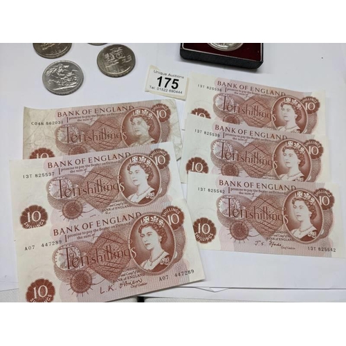 175 - Six ten shilling notes, £5 coins etc.,