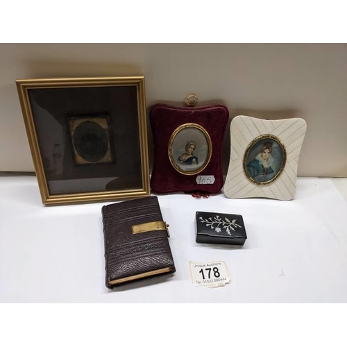 178 - Two miniature portraits, a framed photograph, snuff box and prayer book.