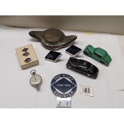 183 - Two Riley Motor Club grill badges, a Riley Register car badge and pair of cuff links, pin badge, a R... 