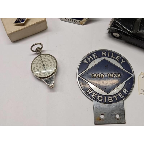 183 - Two Riley Motor Club grill badges, a Riley Register car badge and pair of cuff links, pin badge, a R... 