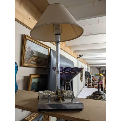 277 - A vintage chrome table lamp incorporating an ink stand.