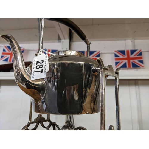 287 - A silver plate kettle on stand complete with burner, Dickenson & Co., Burnley.