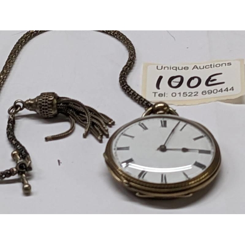 100E - A silver pocket watch on a silver chain.