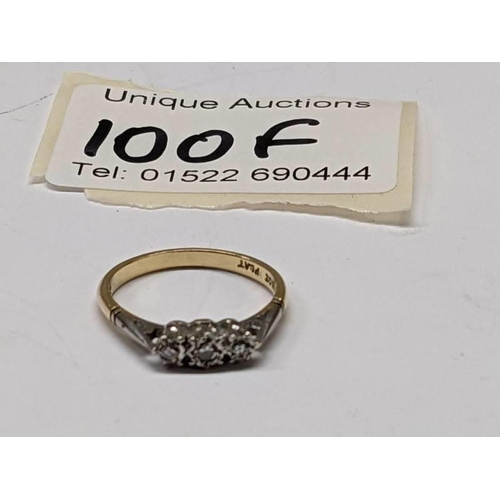 100F - An 18ct gold ring set three good diamonds, size L, 2.4 grams.