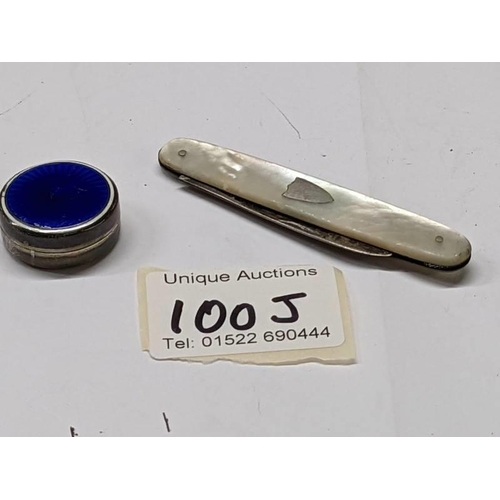 100J - A silver and enamel pill box and a silver and mother of pearl pen knife.