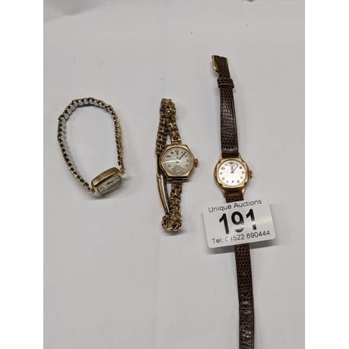 191 - Two 9ct gold ladies wrist watches on plated straps and another ladies gold wrist watch.