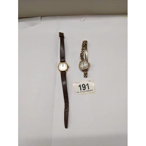 191 - Two 9ct gold ladies wrist watches on plated straps and another ladies gold wrist watch.