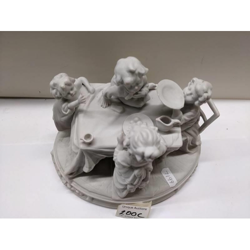 200C - An early 20th century bisque porcelain figure group of a tea party, 22cm wide, 17cm deep, 18cm high,... 