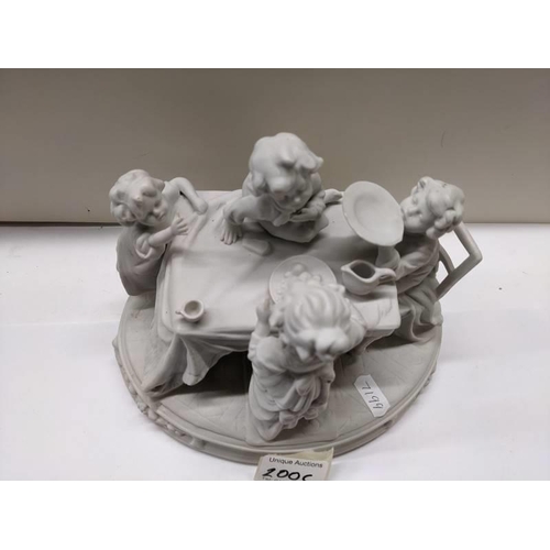 200C - An early 20th century bisque porcelain figure group of a tea party, 22cm wide, 17cm deep, 18cm high,... 