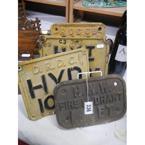 336 - Four fire hydrant plates, early 20th century including Cleethorpes and Hull.