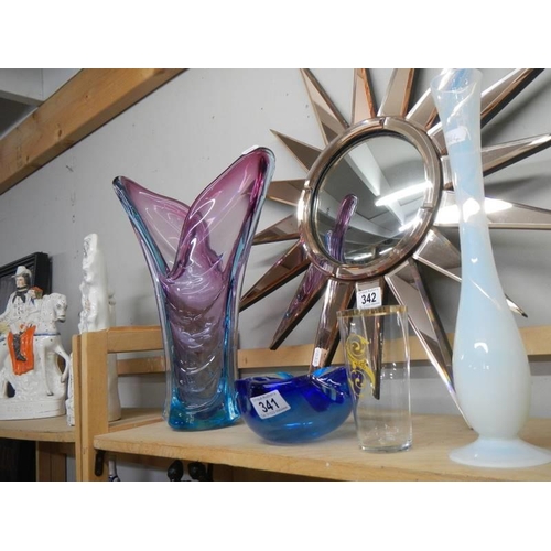 341 - A studio glass bowl, studio glass vase and two other glass items.