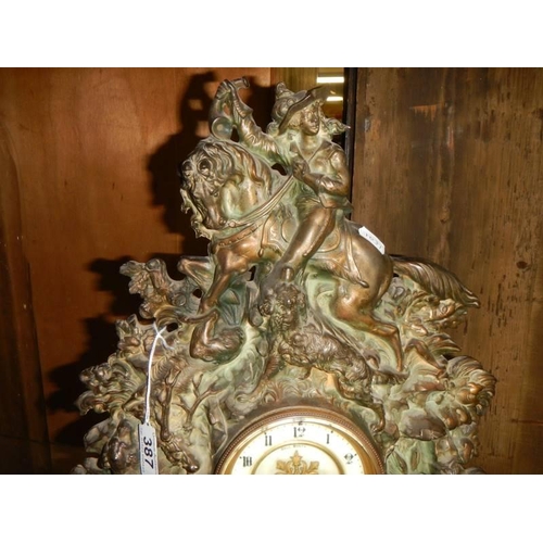 387 - A Victorian cast iron 8 day clock with bronzed finish featuring horse, rider, dogs etc.,