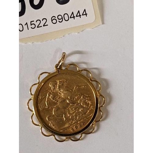 180J - An Edward VII full sovereign, 1910, mounted on 9ct gold pendant, gross weight 9.64 grams.