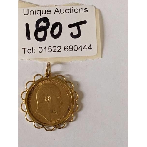 180J - An Edward VII full sovereign, 1910, mounted on 9ct gold pendant, gross weight 9.64 grams.