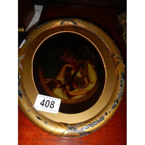 408 - A gilt framed oval painting on glass.