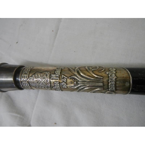 442 - A John Haig Dimple whisky flask walking stick with 925 silver plaque, 97 cm long.