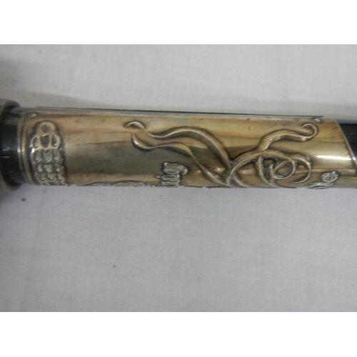 442 - A John Haig Dimple whisky flask walking stick with 925 silver plaque, 97 cm long.