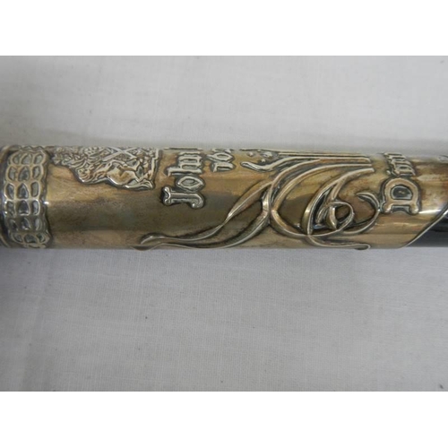 442 - A John Haig Dimple whisky flask walking stick with 925 silver plaque, 97 cm long.