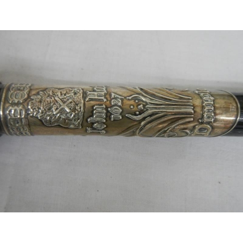 442 - A John Haig Dimple whisky flask walking stick with 925 silver plaque, 97 cm long.