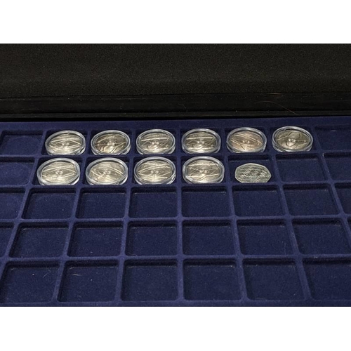 200P - Three metal coin cases - one empty, one with six layers but only one with coins including ten Isaac ... 