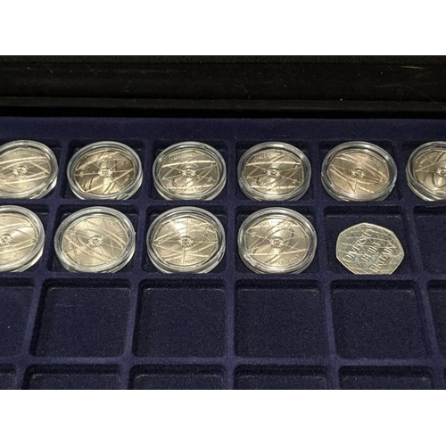 200P - Three metal coin cases - one empty, one with six layers but only one with coins including ten Isaac ... 