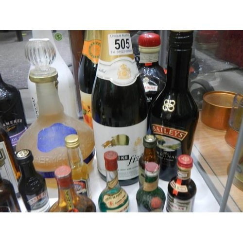 505 - Eight large and nine small bottles of assorted wines and spirits.