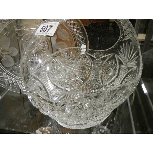 507 - A cut glass basket and a cut glass bowl.