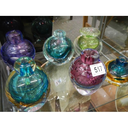 517 - Six good assorted coloured glass bottles/specimen vases.