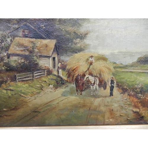 567 - An early 20th century oil on canvas painting featuring a hay cart, 54 x 39 cm.