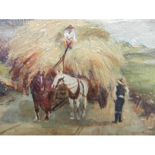 567 - An early 20th century oil on canvas painting featuring a hay cart, 54 x 39 cm.