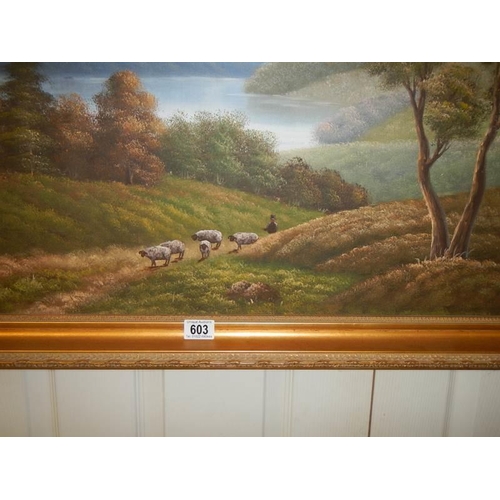 603 - A large gilt framed oil on canvas signed Whitcher. 105 x73 cm.